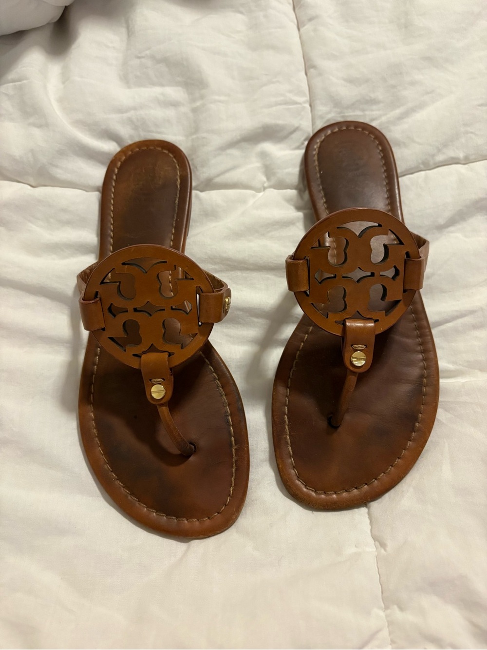 Tory Burch Brown Leather Logo Thong Sandals
